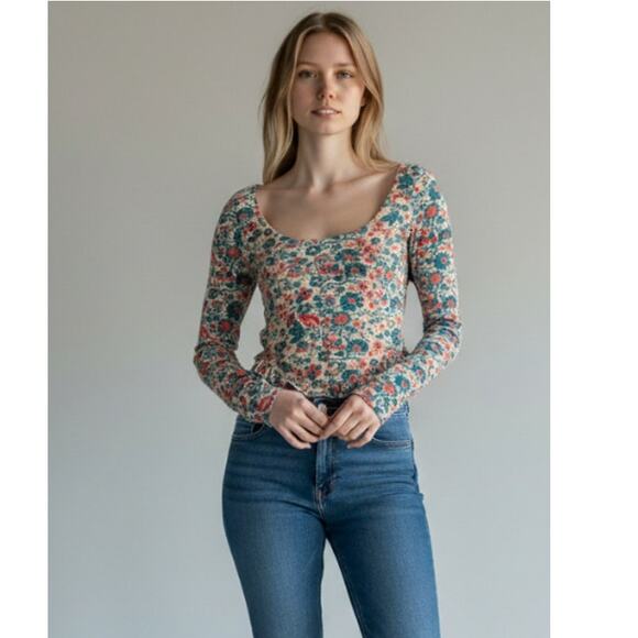 Free People Tops - FREE PEOPLE TOP WOMENS XSMALL MELANIE FLORAL LONG SLEEVE STRETCH SHIRT SAND